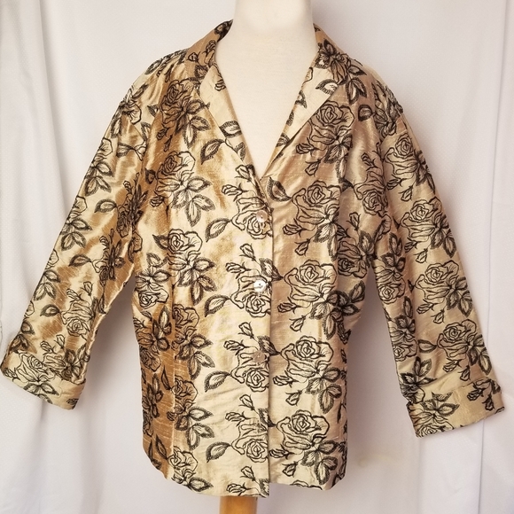 Linda Bertozzi Tops - Linda Bertozzi Gold/Black Floral Silk Blouse Size Medium